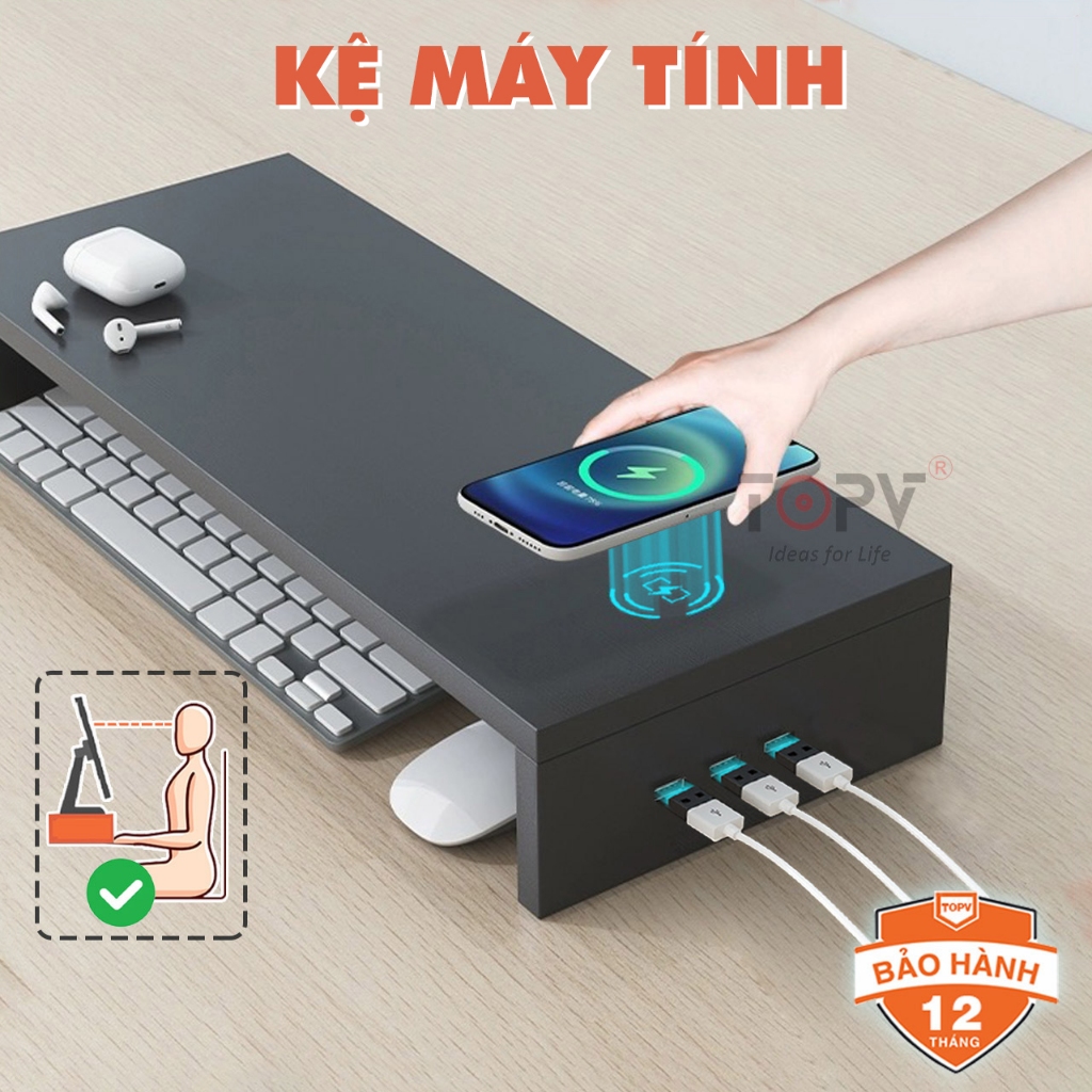Kệ máy tính gỗ TOPV để bàn giá đỡ laptop nâng pc 1 2 tầng trắng kệ...