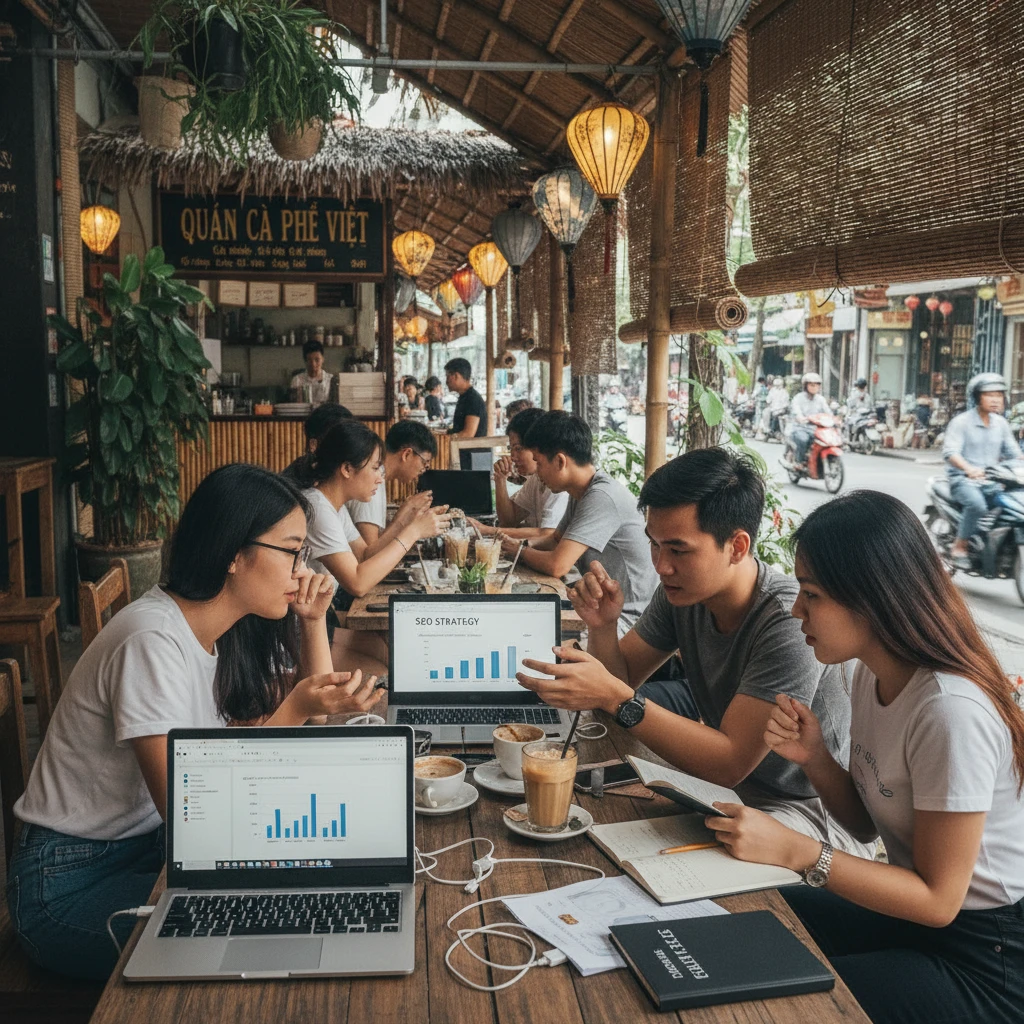 Cảnh quán cà phê Việt Nam với người dùng làm việc trên laptop về SEO.