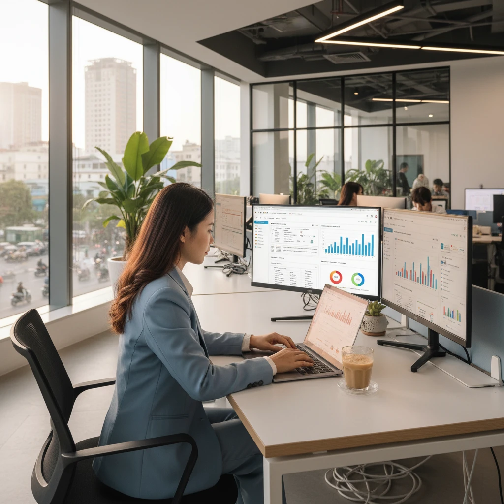 Người dùng đang làm việc với dữ liệu SEO trên máy tính xách tay