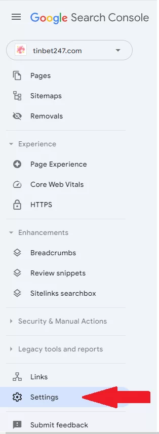Vào Settings Google Search Console